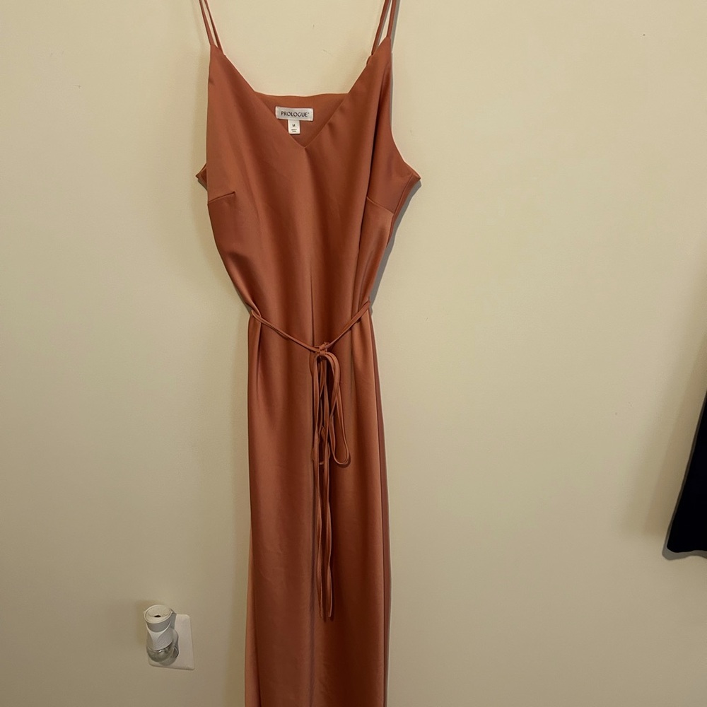 Prologue long satin peachy color spaghetti strap v-neck long dress